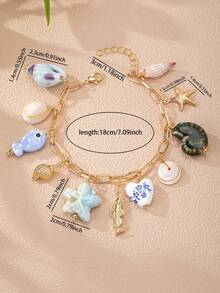 1件金色心形吊坠手链，配有蝴蝶结、牛仔帽、靴子和樱桃吊坠，女士珠宝礼物 - 彩色 - 查看 2