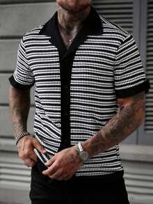 WAIT HIM Áo thun nam tay ngắn dệt kim kẻ sọc, cài một hàng khuy, kiểu dáng thường ngày, thích hợp đi làm. - Đen và trắng - Xem 1