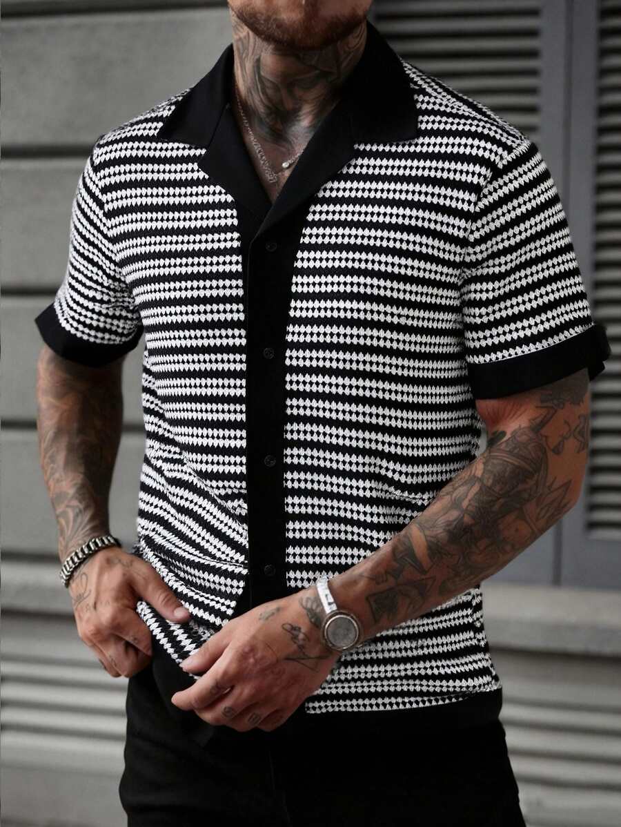 WAIT HIM Áo thun nam tay ngắn dệt kim kẻ sọc, cài một hàng khuy, kiểu dáng thường ngày, thích hợp đi làm. - Đen và trắng - Xem 1