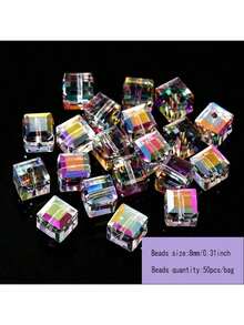 50pcs/Bag AB Cube Glass Beads, Faceted Square Glass Beads Transparent Spacer Beads For Jewelry Making DIY Craft Supplies - Multicolor - View 12