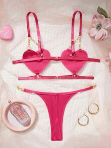 2 Pcs Valentine's Day Gift New Women's Sexy Lingerie Set Adjustable Straps Double Row Of Hooks Metal Chain Connection Heart-Shaped Suede Bra & Waistband Metal Chain Connection Thong Solid Color Comfortable Sexy Underwear Erotic Lingerie Set Three-Piece Bikini Set - Hot Pink - View 3