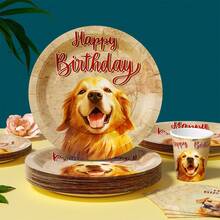 Cute Dog Happy Birthday Disposable Plates, Napkins, Cups - One-Time Party Supplies Set, Fits 25 Guests, Disposable Paper Plates Party Tableware Suitable For Birthday, Wedding, Theme Party, Family Picnic - Multicolor - View 3