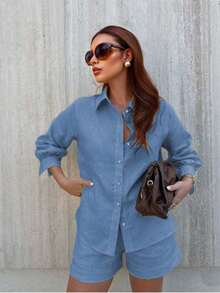 SV Women's Linen Set With Basic Blouse And Casual Shorts - Summer - 藍Blue - 查看 2