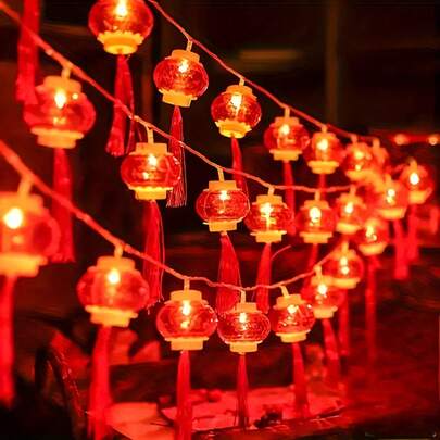 1pc Crystal Tassel Red Lantern LED String Lights, Suitable For New Year Decoration, New Year Atmosphere Decoration, Mall Decoration, Party Decoration, Home Decoration, Holiday Ornaments. Chinese Style Hanging Red Lantern String Lights.