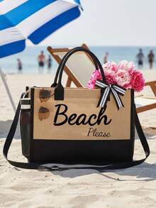 Black & Khaki "Beach Please" 4-Piece Set Including Beach Bag, Cosmetic Bag, Mini Pouch, Hat, Large Capacity, Adjustable Shoulder Strap, Convenient Carry, Suitable For Beach, Summer, Tropical Scenery With Palm Trees, Sand, Straw Hat - Multicolor - View 7