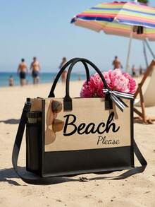 Black & Khaki "Beach Please" 4-Piece Set Including Beach Bag, Cosmetic Bag, Mini Pouch, Hat, Large Capacity, Adjustable Shoulder Strap, Convenient Carry, Suitable For Beach, Summer, Tropical Scenery With Palm Trees, Sand, Straw Hat - Multicolor - View 8