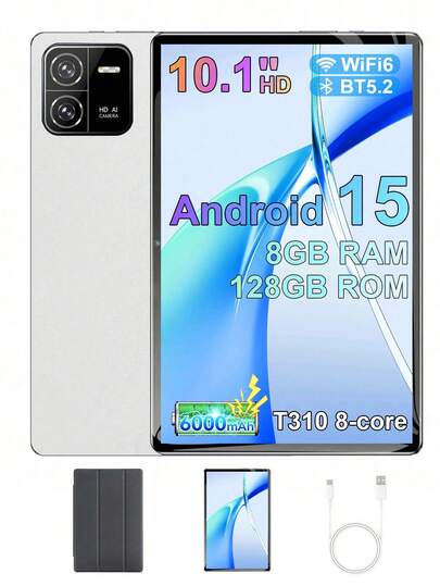  Qetupa Pad6 平板电脑，10.1 英寸 Android 15 系统，配备保护套，8GB 运行内存 + 128GB 存储空间（支持 1TB 扩展），MTK6771 八核 2.0GHz 处理器，高清 (1280x800) IPS 触控屏，500 万像素前置摄像头和 1300 万像素后置摄像头，6000mAh 长效电池，支持 802.11ax Wi-Fi 6 (2.4G+5G)、蓝牙 5.2、GPS，无 SIM 卡槽，Type-C 充电接口 - 轻巧便携
