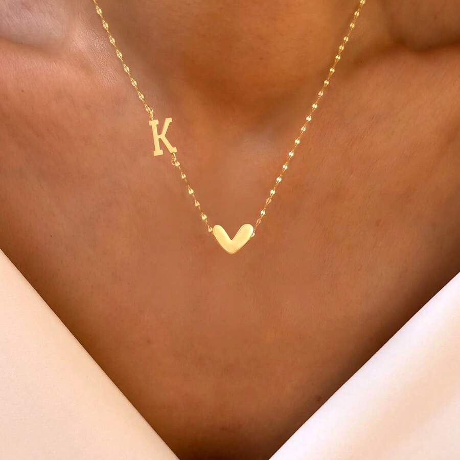 1pc Fashion Heart Initial Pendant Golden Stainless Steel Lip Chain Necklaces For Women - Yellow Gold - View 1