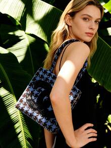 CHANEL 蓝色粗针织手提包，时尚斜纹软毡亮片装饰托特包，针织设计，女士手提包 - 时尚配饰，完美搭配女士休闲时尚装扮 - 藍色 - 查看 6