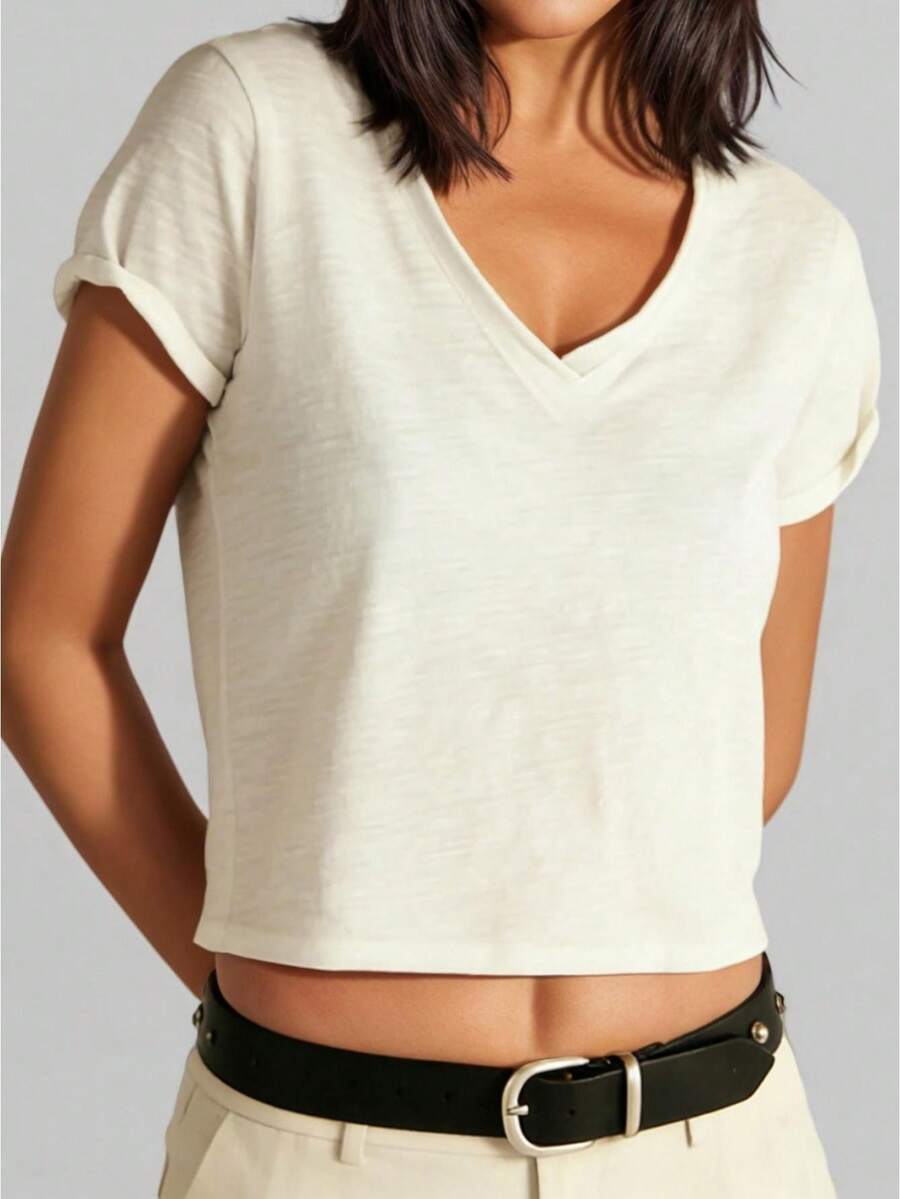Women Summer V Neck Short Sleeve T-Shirts Casual Solid Crop Going Out Tops For Daily Office Party - 象牙白 - 查看 1