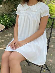 Women Short Sleeve Shirts Solid Color Doll Collar Loose Blouses Summer Casual Tops Streetwear - 白色 - 查看 6