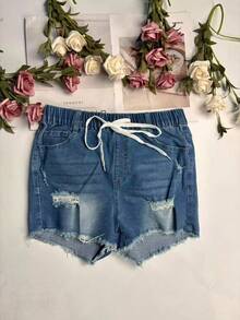 Quần short denim nữ rách gấu, có dây rút co giãn, kiểu dáng thoải mái, thích hợp mặc mùa hè. - Màu xanh lam - Xem 5