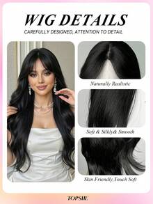 TOPSHE 13*5*1 T型蕾丝前假发，24英寸柔软黑色无刘海假发，耐热合成纤维，适合日常、派对、旅行、角色扮演、圣诞节及其他场合。 - 黑色 - 查看 8