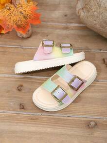 1 Pair Girls' Summer Fashion Flat Slippers, Gradient Color Upper, Metal Buckle Decor, Slip-On, Round Toe Open Toe Stylish Children Shoes, Suitable For Daily Wear, Walking, Outdoor - Beige - View 5