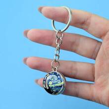 1件梵高罗纳河星夜杏花艺术钥匙扣清新图案弧形玻璃钥匙扣艺术吊坠节日礼物 - 銀色 - 查看 5