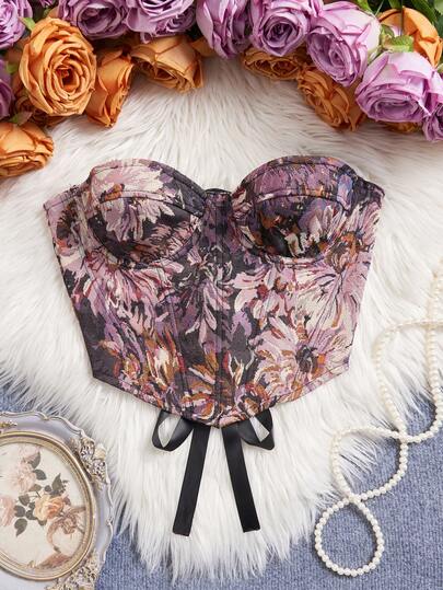 Corsé moldeador de Body de estilo gótico vintage con cierre frontal y cordones cruzados en la espalda, con huesos de acero, en color morado y negro con estampado floral para mujer