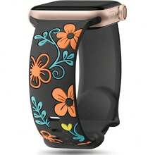 Floral Band Compatible With Apple Watch Bands For Women 40 41 38 42 44 45 46 49, Engraved Cute Flower Silicone Dressy Strap For  Series 11 10 9 8 7 6 5 4 3 2 SE Ultra,39927267 - Orange - View 1