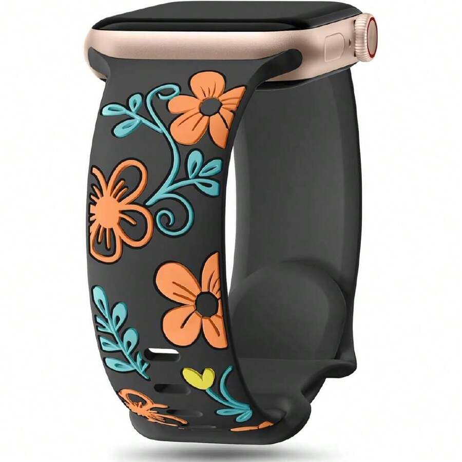 Floral Band Compatible With Apple Watch Bands For Women 40 41 38 42 44 45 46 49, Engraved Cute Flower Silicone Dressy Strap For  Series 11 10 9 8 7 6 5 4 3 2 SE Ultra,39927267 - Orange - View 1