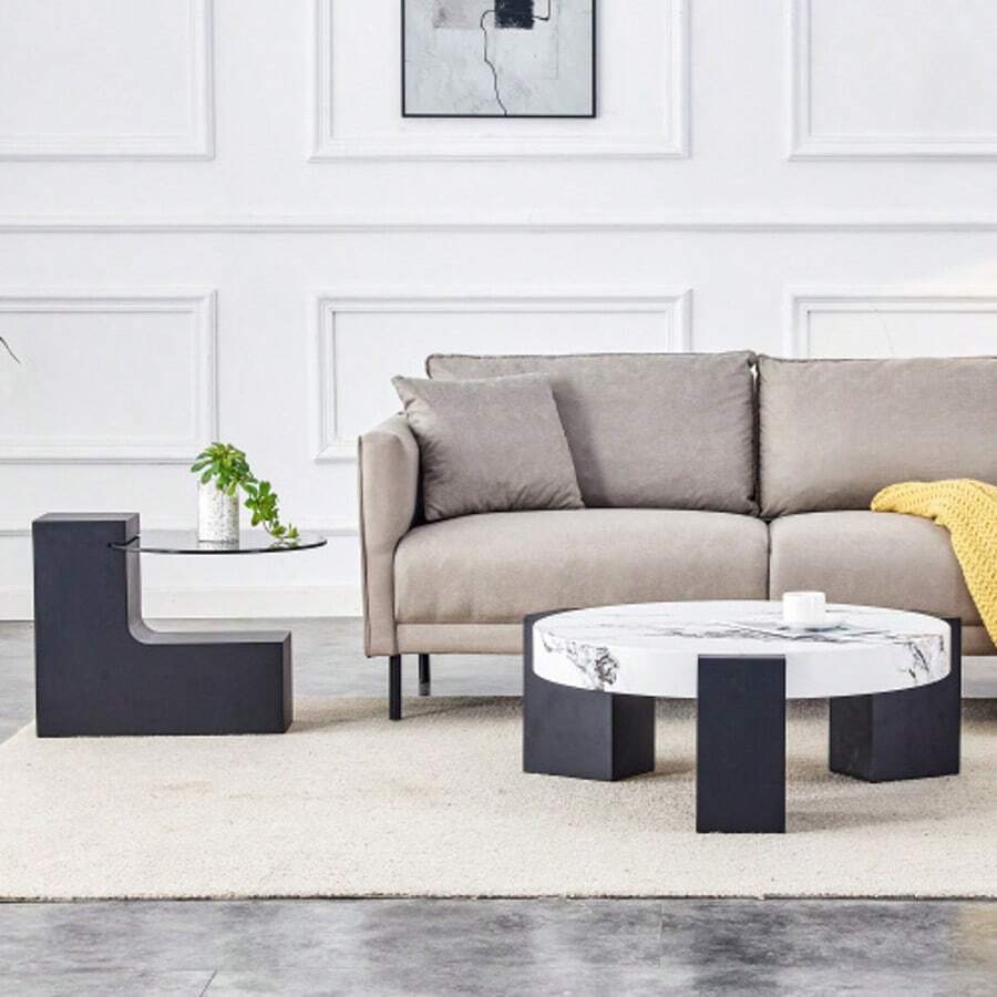 Modern, Simple Round Side Table With Two Levels – Transparent Grey Glass Top And Black MDF In An L-Shape. Marble-Effect Tabletop. Disassemblable Design For More Flexible Room Use. - 黑與白 - 查看 1