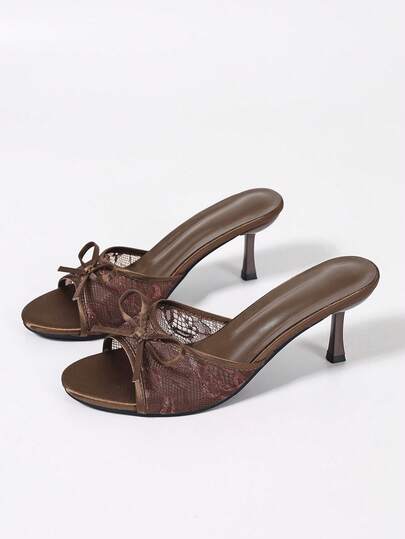 Sandalias de tacón alto con punta abierta y tela de malla transpirable para mujer, sandalias de diapositiva de tacón de aguja minimalista y versátil con lazo, color café, nueva llegada de verano