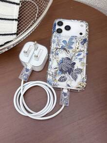 4-In-1 Set (1pc Shock-Proof Phone Case + 2pcs Data Cable Protectors + 1pc UK Plug Charger Adapter Cover) With UV Printed Blue Flower Pattern, Compatible With Apple 7/8/7+/8+/X/XS/XR/XSMax/11/11Pro/11ProMax/12/12Pro/12ProMax/12Mini/13/13Pro/13ProMax/13Mini/14/14Pro/14Plus/14ProMax/15/15Pro/15Plus/15ProMax/16/16RRO/16Plus/16ProMax/17/17Pro/17ProMax/Air Phones - Multicolor - View 5