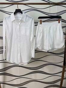 Two-Piece Linen Shirt And Shorts Set, Lined With Elastic. Summer Vacation: Perfect For Celebrating Christmas, New Year's Eve And New Year In Brazil! - 白色的 - 查看 3