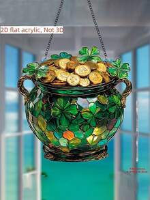 2D Flat Acrylic Four-Leaf Clover Golden Dreamcatcher Planter - 10cm X 10cm Window Hanging, St. Patrick's Day Theme Decoration, Perfect For Living Room, Patio, Garden, And Office, Ideal Gift For Mom And Family, Perfect Garden And Patio Decoration - Multicolor - View 4