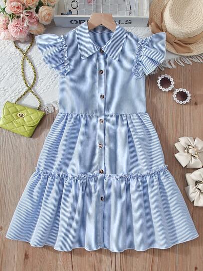 Girls' Casual Sleeveless Striped Knee-Length Dress With Collar And Flared Sleeves, Suitable For Summer Everyday Wear