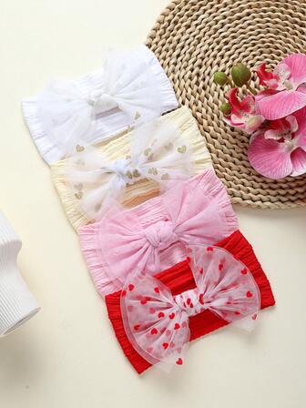 4条心形蝴蝶结设计婴儿发带，超可爱多色婴儿发饰，宽发带适合所有季节，绝佳礼物和拍照道具，情人节理想之选