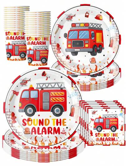 50Pcs Fire Truck Themed 'Sound The Alarm' Party Supplies Set - Red Fire Engine & Firefighting Elements Pattern Disposable Paper Plates Cups & Napkins | Festive Tableware For Kids' Firefighter Birthday Parties, Hero-Themed Gatherings & Rescue Style Celebrations | Fire Truck, Fire Extinguisher & Helicopter Decor For Children's Party Favors, Home Party Decoration & Special Occasion Essentials