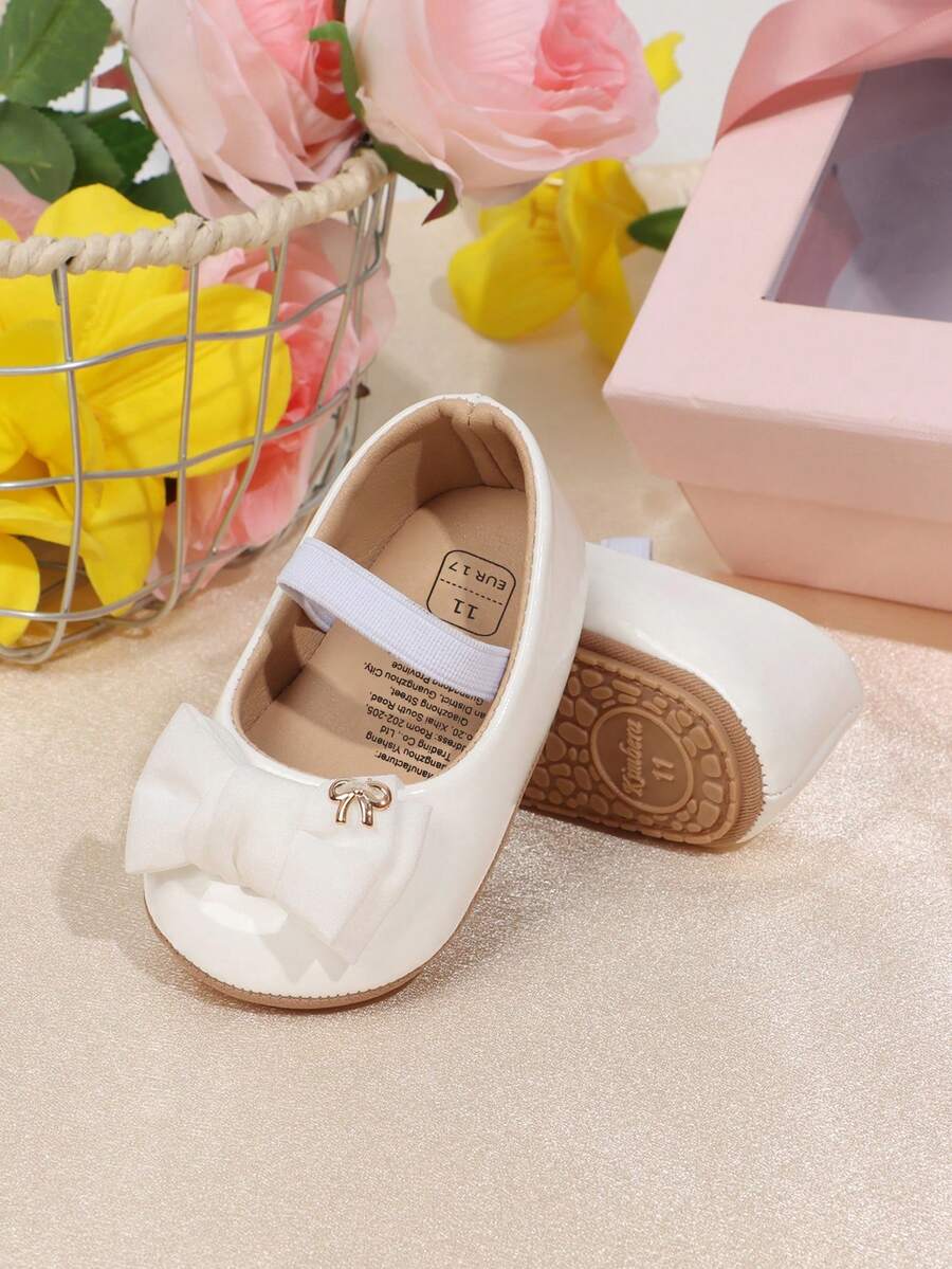 1 Pair Infant/Toddler Girls' Solid Color Bow Elastic Band Rubber Sole Non-Slip Soft Bottom Walking Shoes, Simple & Elegant Princess Style, Suitable For Spring/Autumn - White - View 1