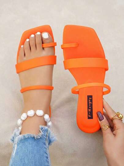 planare Women's Fashion Casual Vacation Style Square Toe PU Slip-On Comfortable Lightweight Summer Outdoor/Indoor Orange Sandals, Women's Flat Slide Sandals