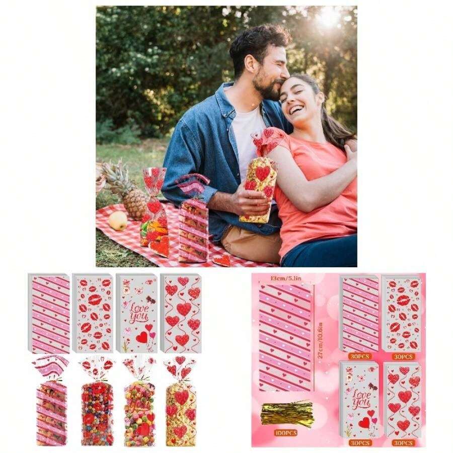 Valentines Bags - 120 PCS Heart Kiss Cellophane Candy Treat Goodie Bags Snack Cookie Stocking Stuffers Basket - Valentines Day Birthday Party Favors Decorations Supplies Decor - 粉紅色 - 查看 1