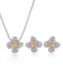 Luxury Floral Jewelry Set, Pink Crystal Petal & Yellow Gemstone Flower Necklace & Earrings, Elegant & Graceful For Formal Events - Multicolor - View 5