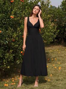 PARTHEA 优雅女士长款A字连衣裙，V领设计，露背褶皱胸衣，喇叭形下摆，无弹力面料，休闲风格 - 黑色 - 查看 3