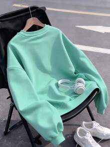 女士浅绿色落肩卫衣，曲线宽松百搭休闲套头衫，百搭街头学院风，透气长袖，女士街头运动装 - 淺綠色 - 查看 2