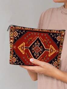 1 قطعة حقيبة مستحضرات تجميل ذات طباعة مزدوجة بنمط سجاد بوهيمي عتيق لمناسبة رمضان، مصنوعة من البوليستر عديمة الرائحة، متعددة الاستخدامات، خفيفة الوزن، قابلة للطي، بسحاب إغلاق، مناسبة للسفر والاستخدام اليومي، هدية مثالية للعائلة والأصدقاء - الأحمر - مشاهدة 1