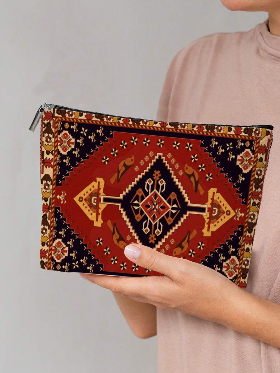 1 قطعة حقيبة مستحضرات تجميل ذات طباعة مزدوجة بنمط سجاد بوهيمي عتيق لمناسبة رمضان، مصنوعة من البوليستر عديمة الرائحة، متعددة الاستخدامات، خفيفة الوزن، قابلة للطي، بسحاب إغلاق، مناسبة للسفر والاستخدام اليومي، هدية مثالية للعائلة والأصدقاء - الأحمر - مشاهدة 1