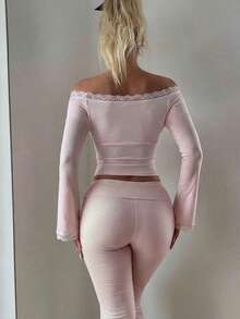 Women's Pink Off-Shoulder Long Sleeve T-Shirt, Contrast Lace Detail, Regular Length Top, Suitable For Vacation, Fitness, Valentine's Day, Spring/Summer Wear - Baby Pink - View 6