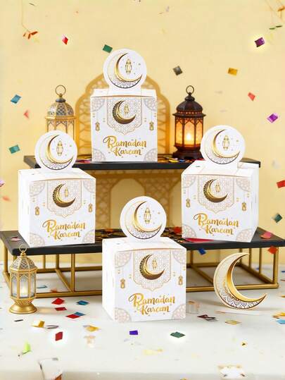 24pcs Eid Paper Gift Box, White Gold Moon Star Lantern Gift Packing Box, Ramadan Mubarak Eid Al-Fitr Gifts, Ramadan Mubarak Islam Advent Day, Ramadan Decorations For Home, Ramadan Kareem, EID Mubarak Decoration, Islam Muslim Event Party Supplies, Al Adha EID Muslim Decor ﻿