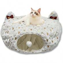 de donut para gatos, de color blanco y cómodo, con temática navideña para la temporada festiva, falda de túnel para árbol de gato de terciopelo ultra suave con pelo - 1 - Ver 1