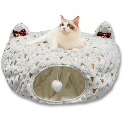 de donut para gatos, de color blanco y cómodo, con temática navideña para la temporada festiva, falda de túnel para árbol de gato de terciopelo ultra suave con pelo