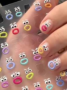 3张可爱怪兽嘴巴美甲贴纸，多巴胺果冻扁平计划本贴纸，趣味表情水杯美甲贴纸 - 彩色 - 查看 2