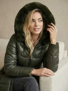Áo khoác hoodie nữ công sở phối lông giả, kiểu dáng thường ngày, có khóa kéo và túi, thích hợp cho mùa đông. - xanh quân đội - Xem 5