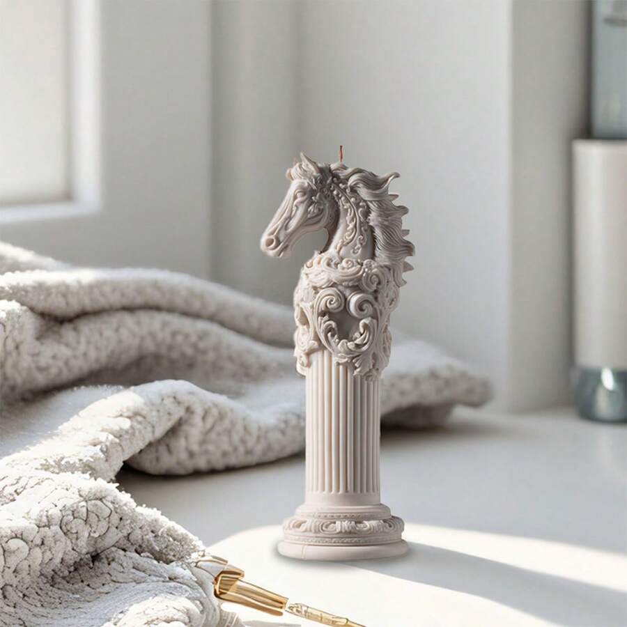 1pc Horse Totem Aroma Candle Silicone Mold, DIY Classical Horse Head Candle Mold, Embossed Roman Column Decor Mold - White - View 1