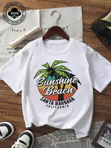 T-shirt à manches courtes pour femmes, décontracté pour l'été. Imprimé graphique avec palmiers et soleil. Coupe ample, col rond, en coton doux. Parfait pour les vacances et le streetwear. - Blanc - Voir 6