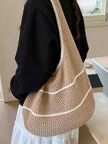 Yogodlns 春夏编织手提包，多巴胺色单肩/腋下包，休闲镂空沙滩包，纯色针织单肩包，极简撞色钩针手提包，百搭镂空休闲编织手提包 - 卡其色 - 查看 2