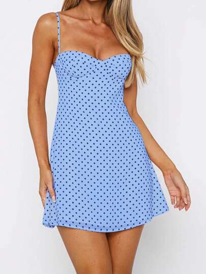 Women's Valentine's Day Dress - A Short Summer Dress With Spaghetti Straps, Polka Dot Elements, And Sexy Girl Print. Yellow Dress, Birthday Party Dress, Outing Dress, Wedding Guest Dress, Beach Dress, Black Polka Dot Dress Vacation Elegant