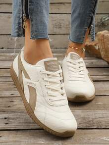 春秋新款休闲卡其色真皮系带多功能时尚女鞋，舒适运动风，大码尺码 - 卡其色 - 查看 5