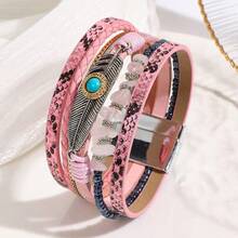 1pc Bohemian Style Beaded, Feather & Leather Women Bracelet, Creative Vintage Turquoise Magnetic Clasp Wristband, Versatile For Party And Daily Wear - Bracelet - View 9